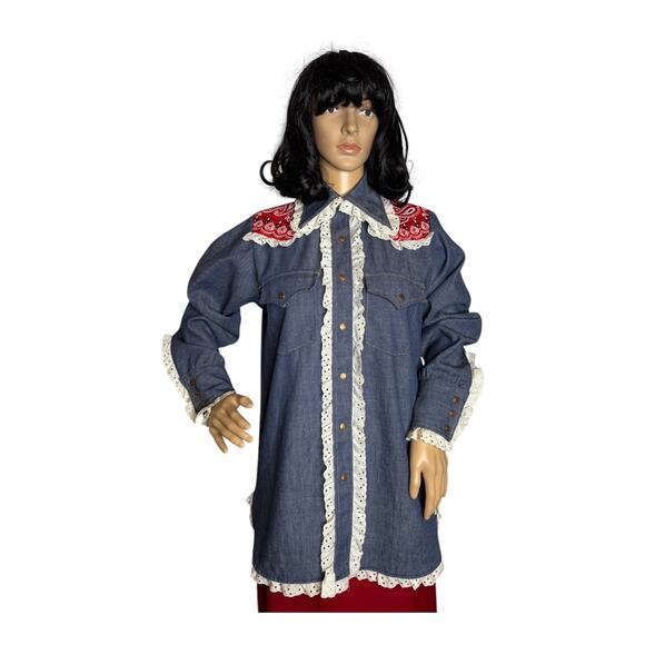 Vintage Bar C authentic western denim shirt dagger collar eyelet trim size med - Picture 15 of 17